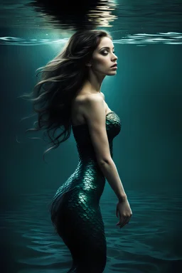 Beautiful mermaid on a lake, wet and dense, mysterious, siren, unholy, creepy, horror, dark, intricate design and details, dramatic lighting, photorealistic, cinematic