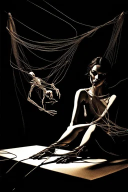 a surreal abstract image of a woman seated on a table, she is connected to string like a puppet, arms in air, moved by the strings, puppet like features in the face, beautiful face, looks desperate to break free, behind her is a huge image of a man holding the strings, creepy character,.zoomed in, dark and shadowy background with selective lighting on the woman