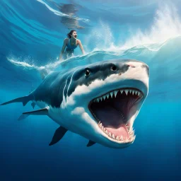 The character is floating on the ocean, far from shore. We see the face of a gigantic white shark rising from the depths, opening its mouth along the length of the carefree swimmer.