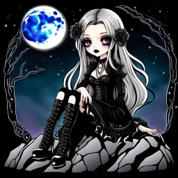 logo from whimsical, cute kawaii gothic style anime girl, pale face, dark eyes, goth laced dress, boots, expressive eyes, goth make up, dark lips, messy long hair with hair clips, she is sitting on the rock, deep night, in background big full moon, eerie athomosphere, gothic, mystic atmosfere, Cartoon style