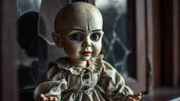 looking at the camera a high realistic porcelain puppet doll, old, dirty with old dress, sitting on shelf, in background blur cracked window. The figure has cracked face and head, and piercing big black eyes. High contrast, cinematic, thriller, dark, atmospheric. Surreal style , perfect composition, sharp focus, intricate details, gloomy vibe