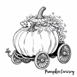 Make black and white cute drawing of a Pumpkin Carriage with black bold lines. Only outline, no grayscale. A large, glowing pumpkin transformed into a whimsical carriage with wheels made of vines and a golden roof. Include a cute mouse driver or magical sparkles surrounding the carriage.