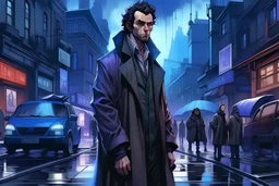 Russian poet Alexander Pushkin with huge sideburns and in leather cloak stands in the middle of the street after rain. Pushkin occupies about 5 percent of the whole image, he is small, and around the sky are big buildings, the whole entourage is in hard cyberpunk style, lilac and blue colors. The street is full of advertising signs in Asian languages, something in the style of Cyberpunk game and Blade runner movie