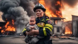 Hyper Realistic Photographic-Close-view of a firefighter-mother with her uniform carrying-protectively-her-crying-baby outside her burning-home with cloudy-sunset-behind showing dramatic & cinematic ambiance