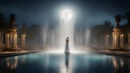 moonlight, sparkling fountains, recreation, relaxation, luxury, magnificent, showers, glistening water spray, people, dream world, calm beauty, symmetry, fantasy world, magic, splendor, uplifting, inspiring, therapeutic, chiaroscuro, color, award-winning colour photograph, beautiful composition, exquisite detail, Nikon 135mm