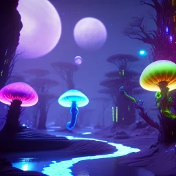 bioluminescent herbivore alien animals on a scifi landscape, bioluminsescent plants, bioluminescent flovers, 8k resolution, dynamic lighting, ultra hyperdetailed, Unreal Engine 5, ultra colourful, very small details, realistic