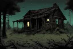 night, administrative large cabin, overgrown, post-apocalyptic, comic book,