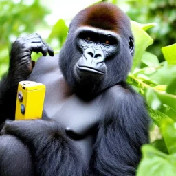 Gorilla in AT&T cap talking on a banana phone