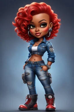 create an airbrush illustration of a chibi cartoon voluptuous black female wearing a blue jean outfit with biker boots. Prominent make up with hazel eyes. Extremely highly detail of a very low red pixie haircut. Background of a bike show.