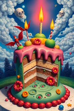 Lowbrow Pop Surrealism Hallucinogenic Birthday Cake by Robert Gonsalves, Kenny Scharff, Todd Schorr, (Details:1.2), (Clarity:1.1)