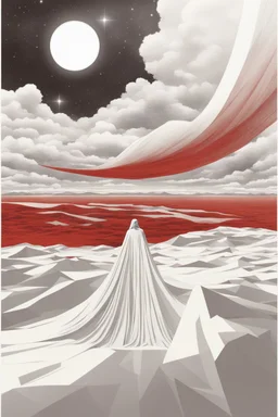 Giant massive huge in stature, majestic entity, hovering and floating over a large field landscape. the entity wears a white and red draped fabric that has printed on the material resembling stars. the fabric has also technological elements. you can see how big it is compared to a tiny human standing in front of it