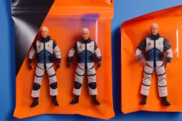 Mike pence G.i. Joe toy doll space force uniform inside a blister packaging hanging on A rack in toystore, fluorescent orange, wide angle shot whole body, black moonboots, fullsize