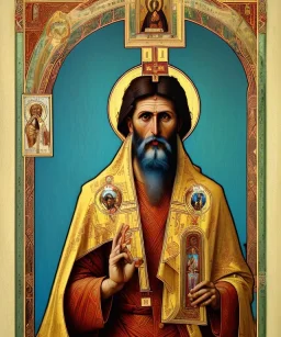 orthodox old icon with saint, patron of photographers. he is holding a camera in one hand and 35mm film in the other. Cyrillic inscriptions are the names of photographic brands. hyperdetailed, Alphonse Mucha, Zdzisław Beksiński, poster, illustration, ink, oil on canvas, 18th century atlas