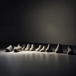 Flat surface, illuminated by a powerful light, but in the background impenetrable darkness reigns. in the foreground, forming a row that goes from right to left, a series of meaningless shapes of flesh-like material, light in colour, similar to socks filled with fabric, or similar to spindles, cylinders, follow one another without interruption, Yves Tanguy style