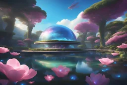 ((galactic angels)) coming from space, blue and pink lights, sunny atmosphere, concept art, smooth, extremely sharp detail, futuristic crystal dome in the japonese garden on another planet, vessels, green plants, flowers, big trees blue sky, pink, blue, rainbow, birds, big flowers, waterfall, finely tuned detail, cinematic smooth, intricate detail, futuristic style ultra high definition, 8 k, unreal engine 5, ultra sha