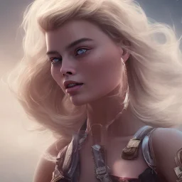 only margot robbie, fly hair, mist around, highly realistic, highly detailed, alerquina clothes, mist around, smoke