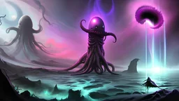 picture with: on the left - aldrich tentacle moster from comming to devour the blue-purple planet, on the right a black hole with purplish colour