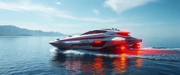 cybertruck katamaran boat spaceship hovering over water