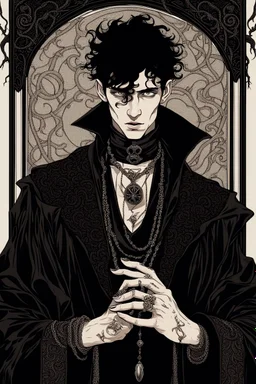 black haired young man necromancer wizard with gothic jewelry and tentacle fingers in the style of Aubrey Beardsley