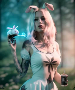 Ultra realistic wonderland photo, happy blonde Alice smoking a pipe, blue dress, white rabbit pet, circus dress style, old school tattoo, smoke, marijuana garden, glow eyes, perfect iris, soft color, highly detailed, unreal engine 5, ray tracing, RTX, lumen lighting, ultra detail, volumetric lighting, high definition.