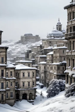 I want a picture of Sana'A city with snow waiving the buildings, realistic scattered and snow on the roof of the house.