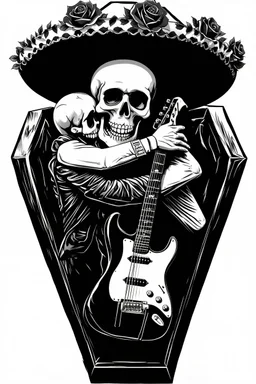 Skeleton wearing a sombrero, Hugging a guitar in a Coffin, black roses as decoration, black and white graphic art