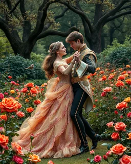 Photography Beautiful Princess dancing salsa with handsome prince in Wild garden, flower beds, fractal ornamentation, over detailed, gloriously full and confusing, nothing that really exists, everything made up, fantasy world, sweet briar, photography graphic art, song birds, ochre rose, rose buds, dewy morning, forest of oaks