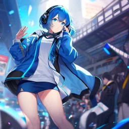 Clear focus,High resolution, Vibrant short blue hair, Vibrant blue eyes, Wearing a short skirt, Wearing a jacket, Wearing headphones