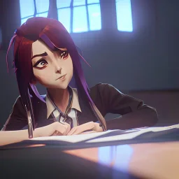 Anime girl studying in the classroom, unreal engine 5 --ar 2:1