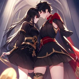 Clear Focus, High resolution, black medium fluffy hair, red eyes, wearing a red collar, wearing a black shirt that is half black and half gold, one sleeve is golden and the other is black, wearing a short black skirt with gold at the bottom, black fingerless gloves, long golden stockings