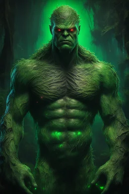 The swamp thing , swamp, colored lights, green symbols, green tattoo, 8k, high quality, hyperrealism