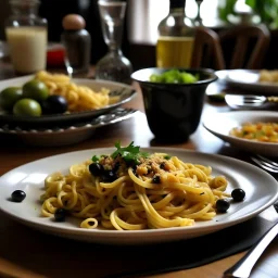 A dining table on which there is fast food pasta with black olives on it and also a plate of green olives