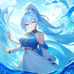 Clear focus, 8k, beautiful lighting, vibrant colors, girl, light blue hair, long hair, white eyes, ponytail, messy hair, water magic,