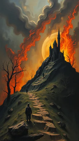 Bosch painting style, wake up in hill with evils and fire and pain
