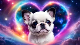 fluffy extra large eyed happy puppy gray-white frenchton in the distance a colorful intricate HEART shaped planet similar to earth in a brig ażht nebula. sparkles. Cinematic lighting,vast distances, swirl. fairies. magical DARKNESS. SHARP. EXTREME DEPTH. jellyfish, cinematic eye view