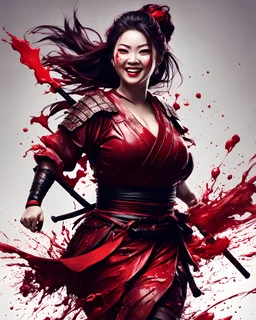 Huge girl samurai, smiling, run pose, fullbody, behind guts splashes blood, darkred tones, macro photography,