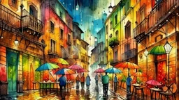 Picturesque urban scene under stormy weather, multi-colored umbrellas filling the space between centuries-old buildings, cobblestones glistening from the rain, blurred silhouettes of passers-by taking shelter, balconies with dripping flower pots, curtain of rain creating a mystical atmosphere, warm lights of traditional shops, realistic watercolor style