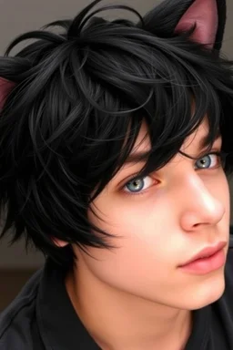 A young man with messy black hair, black cat ears on his head, blue eyes. No human ears.