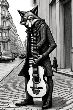 One single mature wolf, worn out clothes, playing guitar in the street , Vienna, mourning, model style, hyper realistic, extremely accurate, delicate, extremely detailed, Graphic novel style, wide-angle, open aperture, superfine pencil