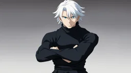 Satoru Gojo is a young guy white hair blue eyes black turtleneck without arms white loose pants in a defensive pose