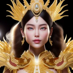 Ultra detailed realistic fullbody Portrait in oil on canvas of beautiful female character with gold armor(saint Seiya),extremely detailed digital painting, extremely detailed face, crystal clear eyes, mystical colors ,perfectly centered image, perfect composition, rim light, beautiful lighting,masterpiece ,8k, stunning scene, raytracing, anatomically correct, in the style of Sixfrid and KyuYong Eom and Steve Jung and Simon Bisley.