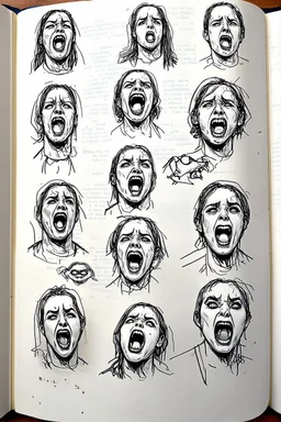 sketch line, rought, of many faces on a pages, screaming and sad, demented, mad, journal