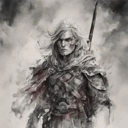 highly detailed, ink wash and watercolor concept illustration of a Nordic rogue warrior character , maximalist, sharp focus, highest resolution, in the styles of Agnes Cecile, Alex Pardee, and Bill Sienkiewicz, 8k, coarse, gritty textures