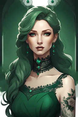 dark beautiful young woman with black tattoo On the arm in a dark green dress with white lace with a emeralds in a green dress, ginger hair, well-drawn eyes, five fingers on the hand, on white background, Trending on Artstation, {creative commons}, fanart, AIart, {Woolitize}, by Charlie Bowater, Illustration, Color Grading, Filmic, Nikon D750, Brenizer Method, Side-View, Perspective, Depth of Field, Field of View, F/2.8, Lens Flare, Tonal Colors, 8K, Full-HD, ProPhoto
