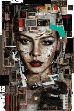 Ultra detailed medium portrait painting of a half naked woman sitting on a chair, no nudity, bended over, dark room with little light coming from an open door behind her, torn up collage of clippings, broken circuitry background, matrix effects, punk visual art, punk art aesthetic, graffiti art, pop surrealism, collage art, cluttered paint glitches