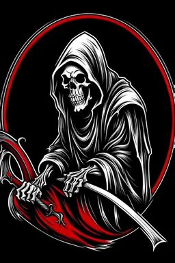 hooded Grim-Reaper gripping scythe(upward), vignette, black and white graphic novel style with a red outline, and black background,