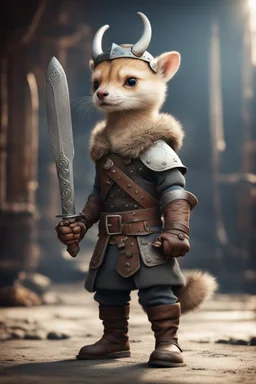 portrait of cute fast historic strong viking weasel with viking gloves, helmet & boots holding ornate viking sword in fallout 4 setting, bokeh, downlight, prize winning, depth of field, in the style of ivo caprino