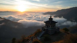 A quiet, ancient temple on a mountainside at sunrise, surrounded by clouds and overlooking a peaceful valley. Photographic quality and detail, award-winning image, beautiful composition.