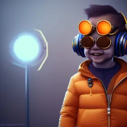 B toddler, smile, steampunk headphone, sunglass, gangsta neckless, full body, orange puffer jacket, tokio background, dramatic lighting, hyper realistic, unreal engine 5, 16k