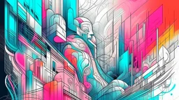 sketch lines, Street art fantastical vapor, a vibrant and dynamic blend of graffiti and surrealism, where colorful murals come to life in a dreamlike urban setting, monochromatic hue, minimalistic risograph duotone design effect, two color palette, veiled contrast, volumetric lighting,dimensional 3D illumination, pencil drawing